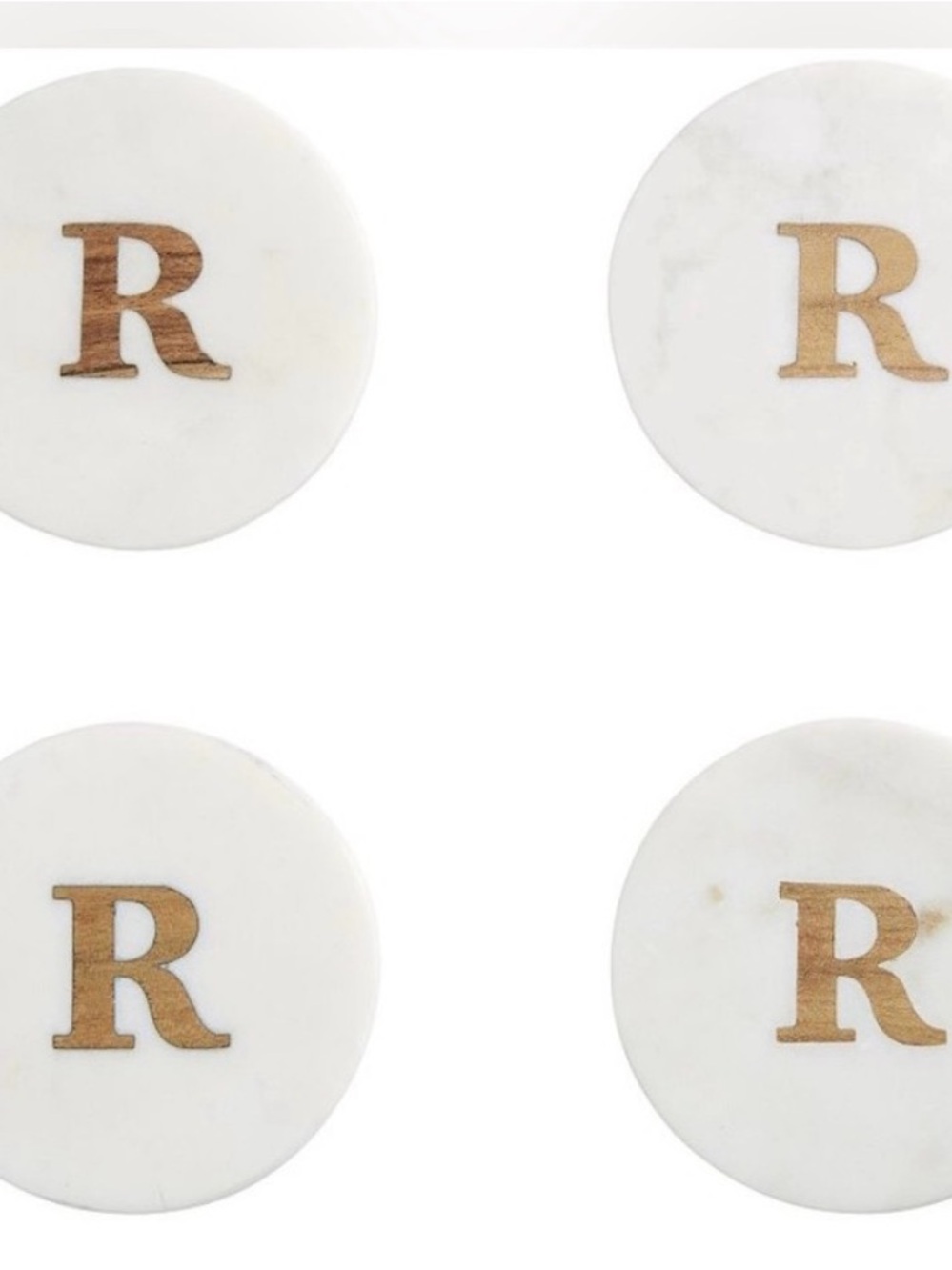 Monogram R Marble Coasters Set of 4 - White with Gold Lettering. Pottery Barn